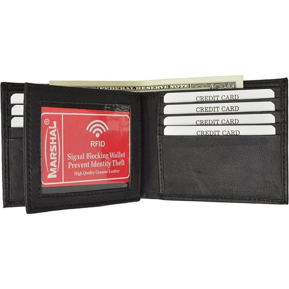 RFID Blocking Premium Soft Leather Men's Multi-Card Compact Center Flip Bifold Wallet Black