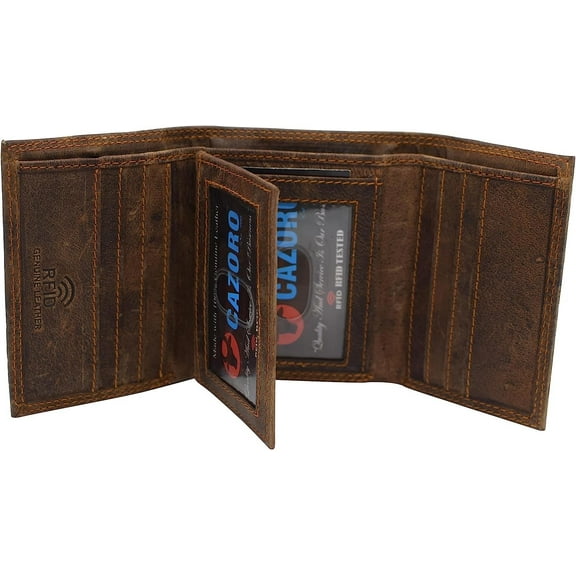 RFID Blocking Premium Vintage Leather Classic Trifold Credit Card ID Wallet for Men Brown