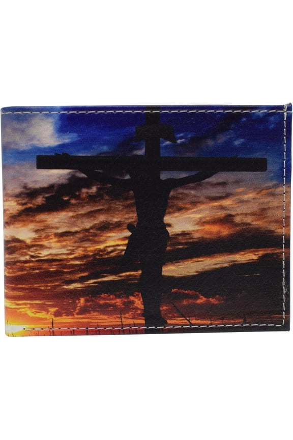 RFID Blocking Printed Jesus Cross Sunset Printed Bifold Genuine Leather Wallet with Gift box
