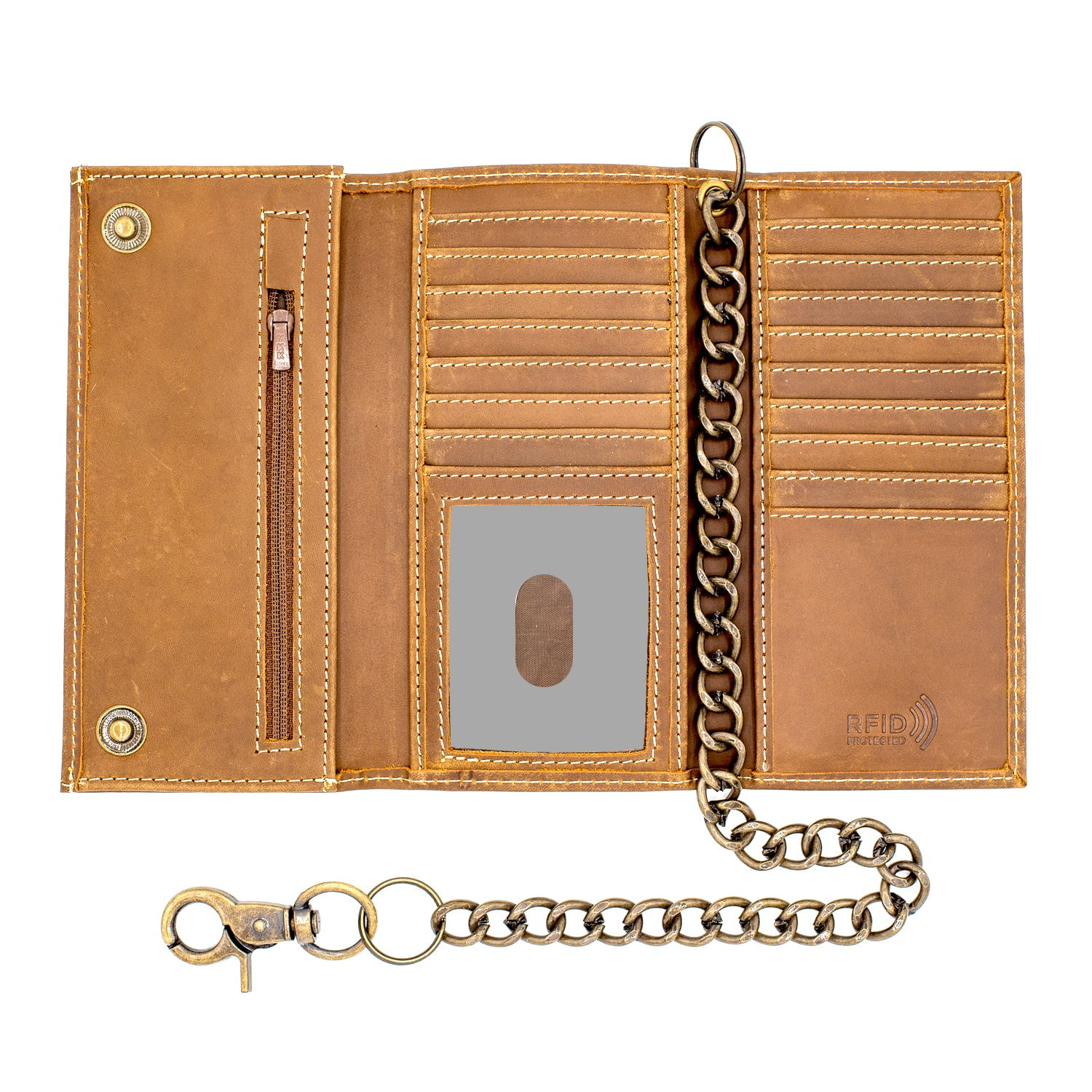 RFID Blocking Men's Tri-Fold Chain Wallet - Crazy Horse Leather With Steel Chain (Skull Brown, Large) - View #11