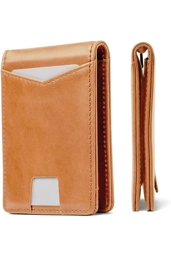 RFID Blocking Slim Bifold Wallet for Men - Full-Grain Oil-Waxed Leather Front Pocket Wallet with Clip, Pull Tab, ID Window & Minimalist Design (Saddle)