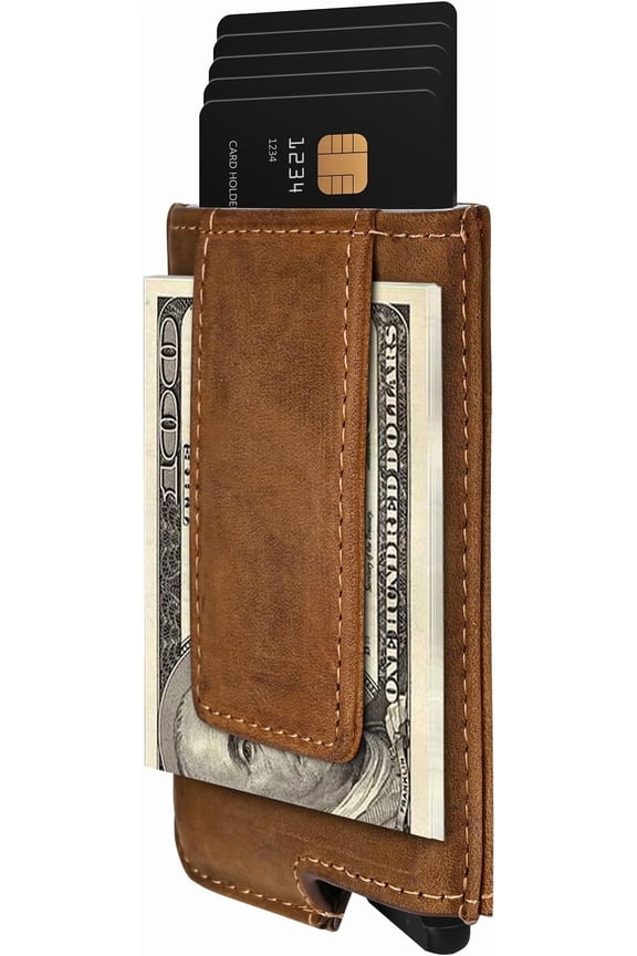 RFID Blocking Slim Clip Wallet Automatic Pop-up Card Case (Texas Brown)