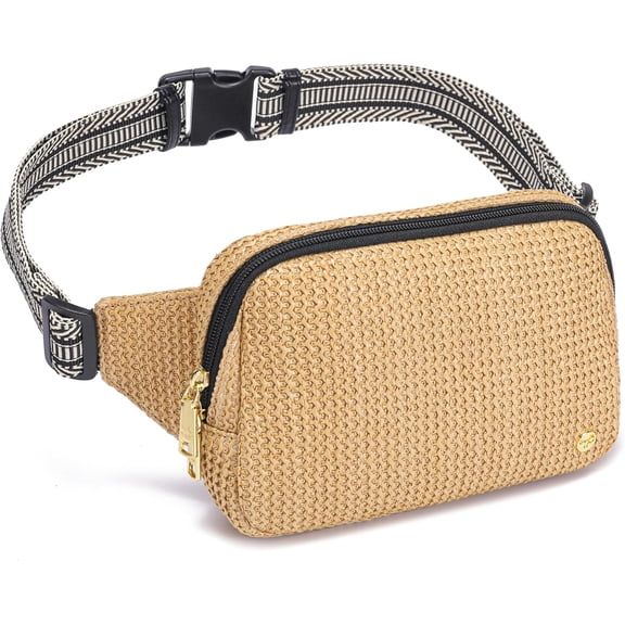 RFID Blocking Straw Summer Purses for Women 2025 Fanny Pack Crossbody Bags Belt Bag with Adjustable Strap(Boho Black)