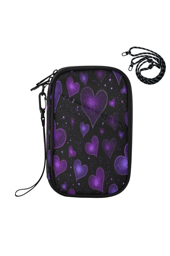 RFID Blocking Travel Passport Wallet Amethyst Diamond Hearts Water Resistant Document Organizer, Multi Pockets Anti-Theft Card Holder with Detachable Strap for Travel Vacation