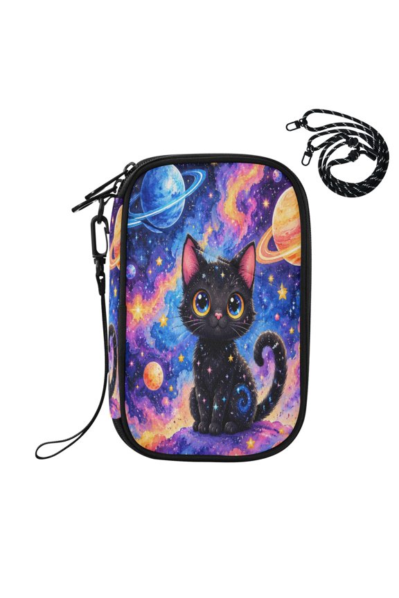 RFID Blocking Travel Passport Wallet Black Cat in Cosmic Nebula Water Resistant Document Organizer, Multi Pockets Anti-Theft Card Holder with Detachable Strap for Travel Vacation