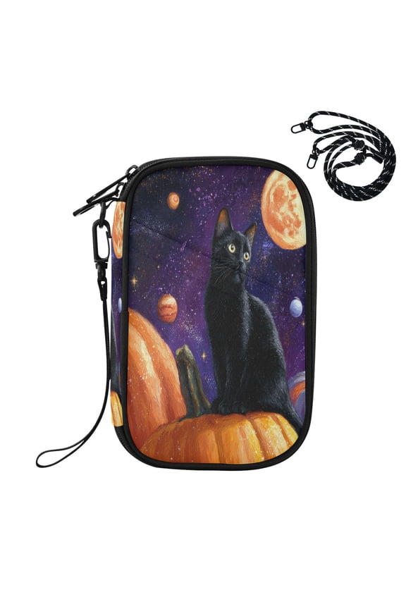RFID Blocking Travel Passport Wallet Black Cat Pumpkin and Planet Water Resistant Document Organizer, Multi Pockets Anti-Theft Card Holder with Detachable Strap for Travel Vacation