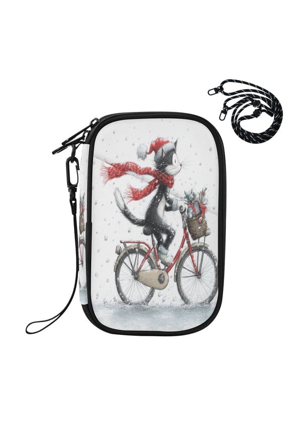 RFID Blocking Travel Passport Wallet Black Cat Riding A Bicycle Water Resistant Document Organizer, Multi Pockets Anti-Theft Card Holder with Detachable Strap for Travel Vacation