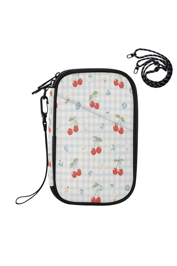 RFID Blocking Travel Passport Wallet Blue Grid Cherry Floral Pattern Water Resistant Document Organizer, Multi Pockets Anti-Theft Card Holder with Detachable Strap for Travel Vacation