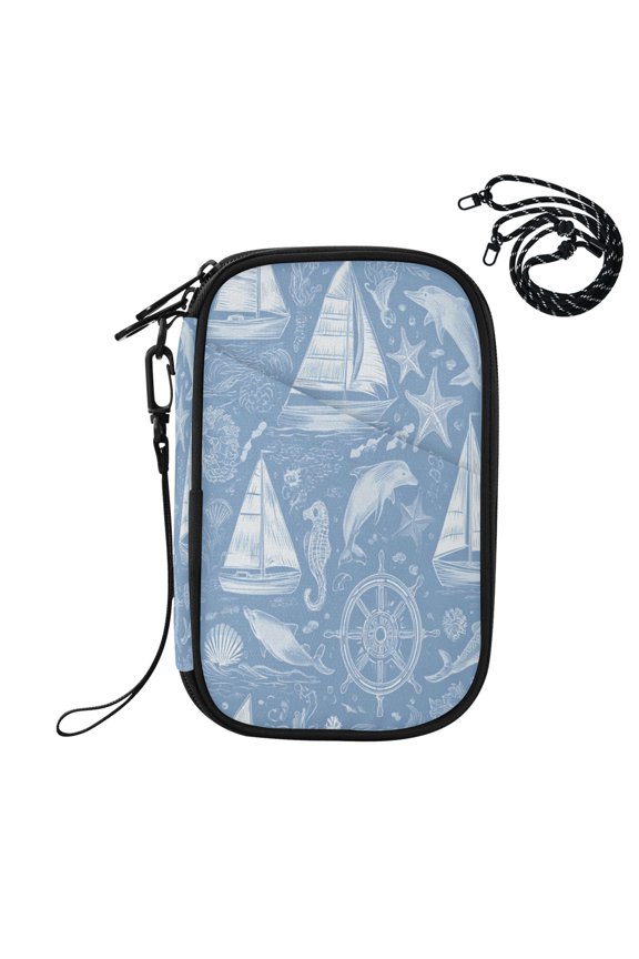 RFID Blocking Travel Passport Wallet Blue Nautical Style Pattern Water Resistant Document Organizer, Multi Pockets Anti-Theft Card Holder with Detachable Strap for Travel Vacation
