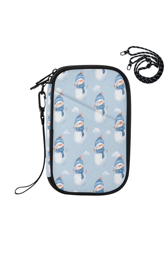 RFID Blocking Travel Passport Wallet Blue Scarf Snowmen Water Resistant Document Organizer, Multi Pockets Anti-Theft Card Holder with Detachable Strap for Travel Vacation