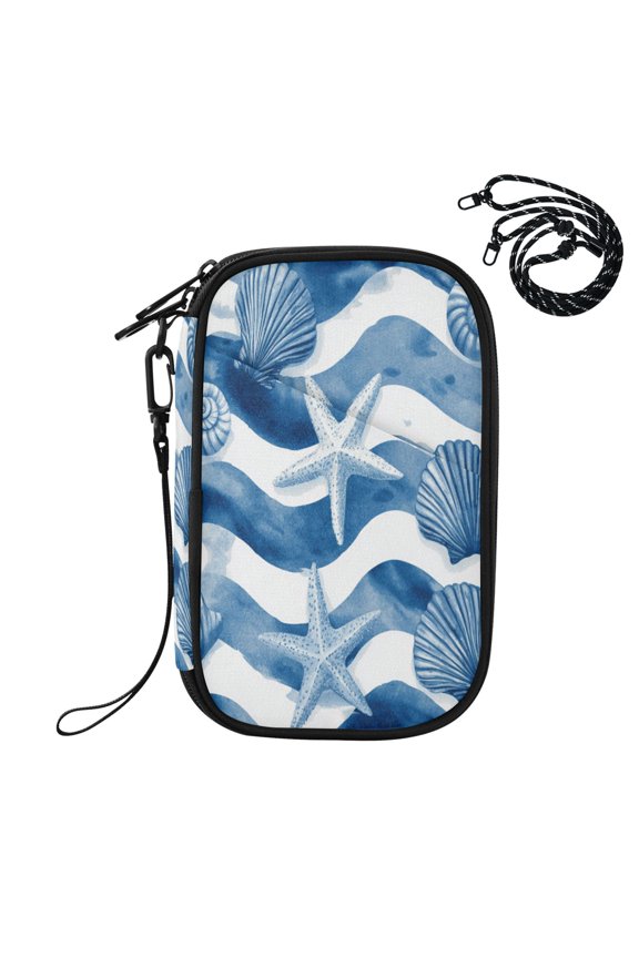 RFID Blocking Travel Passport Wallet Blue Watercolor Nautical Seamless Tile Water Resistant Document Organizer, Multi Pockets Anti-Theft Card Holder with Detachable Strap for Travel Vacation