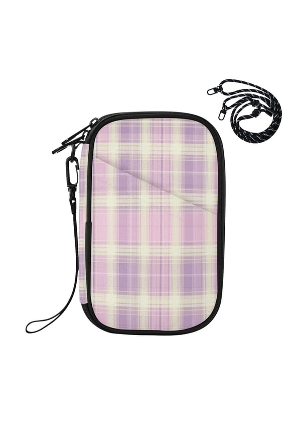 RFID Blocking Travel Passport Wallet Bright Pink Checkered Pattern Water Resistant Document Organizer, Multi Pockets Anti-Theft Card Holder with Detachable Strap for Travel Vacation