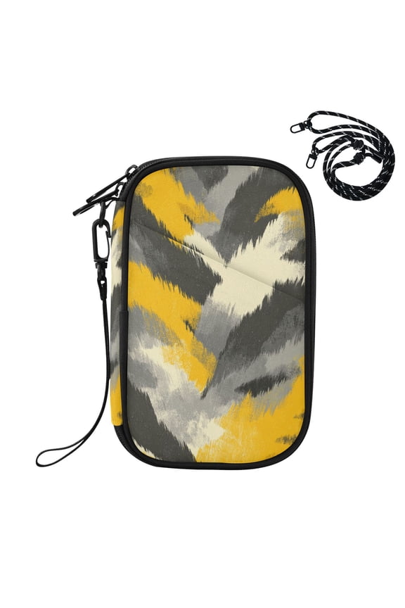 RFID Blocking Travel Passport Wallet Brushstroke Yellow Grey Camo Print Water Resistant Document Organizer, Multi Pockets Anti-Theft Card Holder with Detachable Strap for Travel Vacation