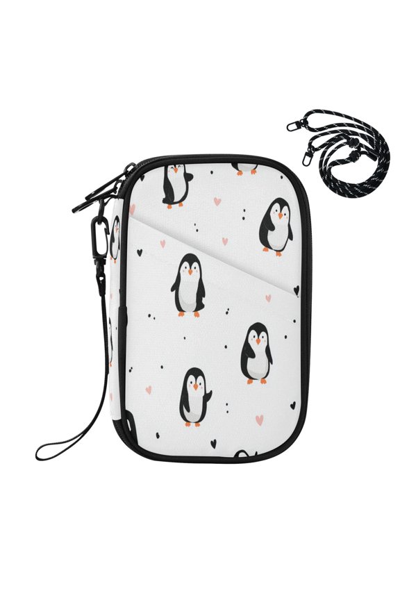 RFID Blocking Travel Passport Wallet Charming Penguin Doodle Pattern Water Resistant Document Organizer, Multi Pockets Anti-Theft Card Holder with Detachable Strap for Travel Vacation