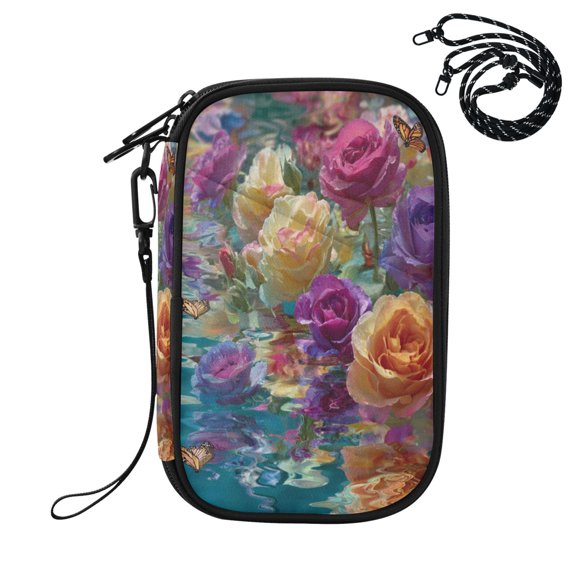 RFID Blocking Travel Passport Wallet Colorful Roses Floating on Water Water Resistant Document Organizer, Multi Pockets Anti-Theft Card Holder with Detachable Strap for Travel Vacation