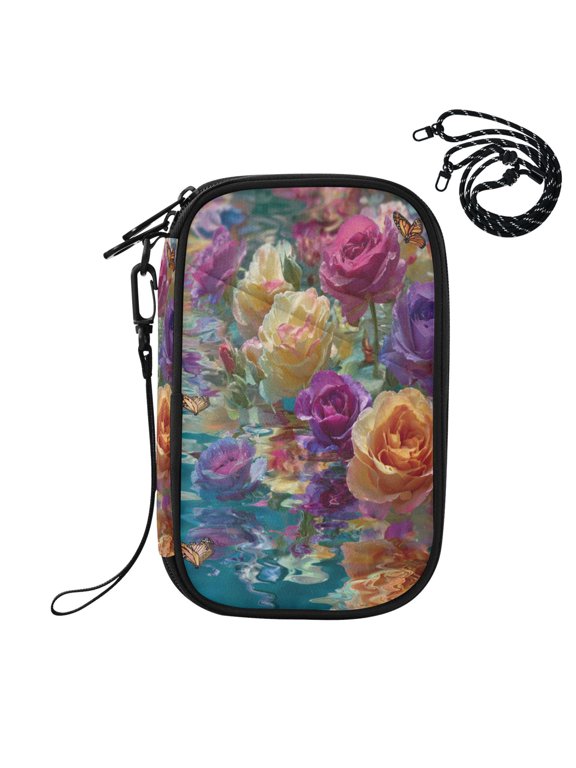 RFID Blocking Travel Passport Wallet Colorful Roses Floating on Water Water Resistant Document Organizer, Multi Pockets Anti-Theft Card Holder with Detachable Strap for Travel Vacation