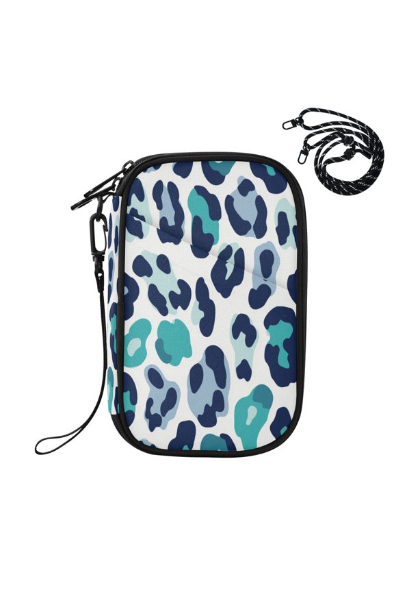 RFID Blocking Travel Passport Wallet Cool Tone Blue Cheetah Pattern Water Resistant Document Organizer, Multi Pockets Anti-Theft Card Holder with Detachable Strap for Travel Vacation