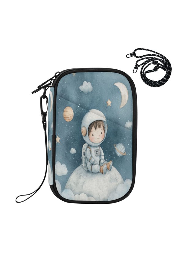 RFID Blocking Travel Passport Wallet Cute Astronaut Moon Art Water Resistant Document Organizer, Multi Pockets Anti-Theft Card Holder with Detachable Strap for Travel Vacation