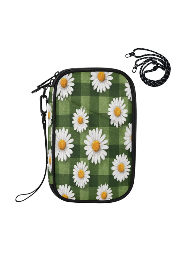 RFID Blocking Travel Passport Wallet Cute Daisies on A Green Checkered Water Resistant Document Organizer, Multi Pockets Anti-Theft Card Holder with Detachable Strap for Travel Vacation