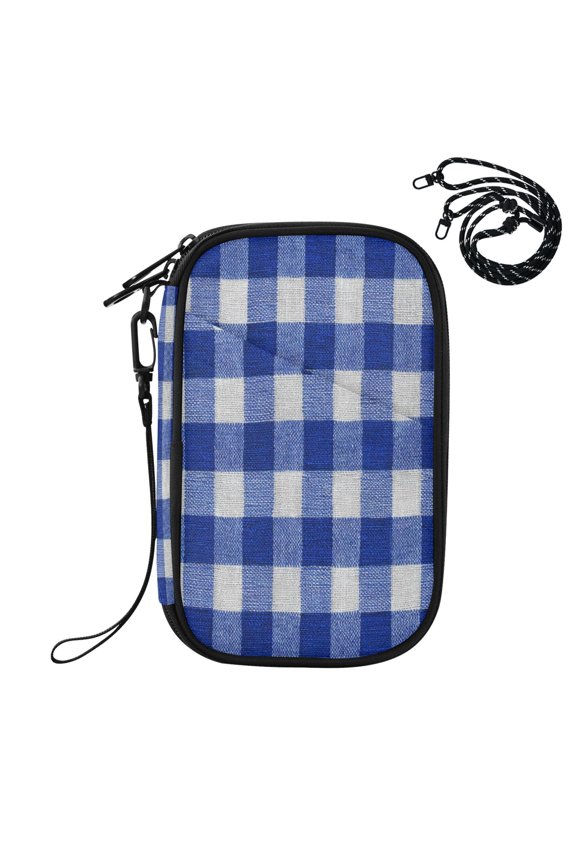 RFID Blocking Travel Passport Wallet Deep Blue Checkered Water Resistant Document Organizer, Multi Pockets Anti-Theft Card Holder with Detachable Strap for Travel Vacation