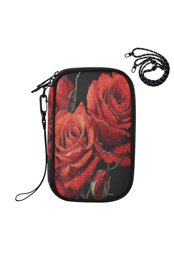 RFID Blocking Travel Passport Wallet Diamond Painting Of Red Roses Water Resistant Document Organizer, Multi Pockets Anti-Theft Card Holder with Detachable Strap for Travel Vacation