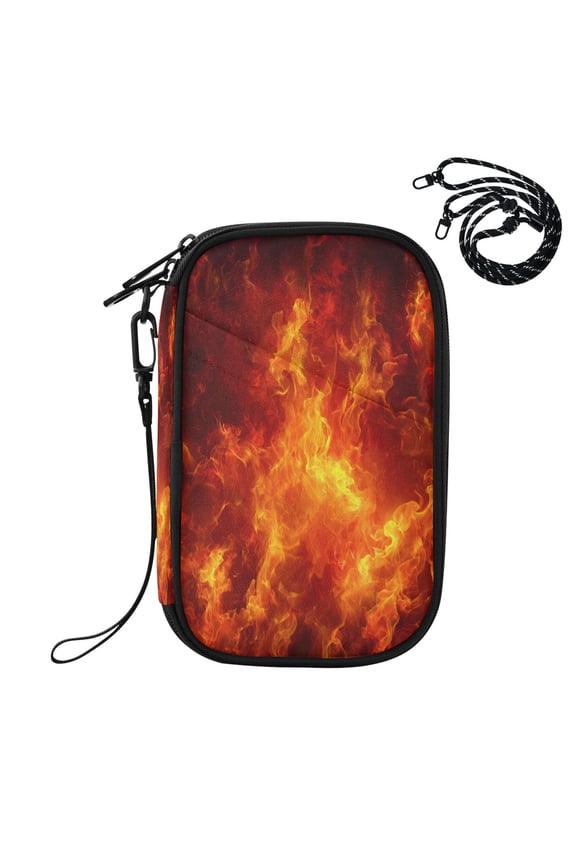 RFID Blocking Travel Passport Wallet Dynamic Fire Flame Pattern Water Resistant Document Organizer, Multi Pockets Anti-Theft Card Holder with Detachable Strap for Travel Vacation