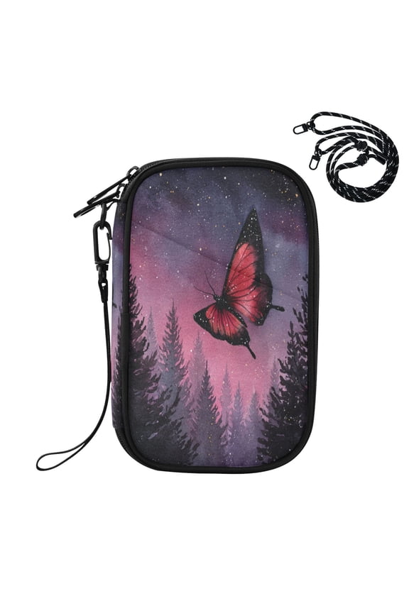 RFID Blocking Travel Passport Wallet An Elegant Red Butterfly Water Resistant Document Organizer, Multi Pockets Anti-Theft Card Holder with Detachable Strap for Travel Vacation