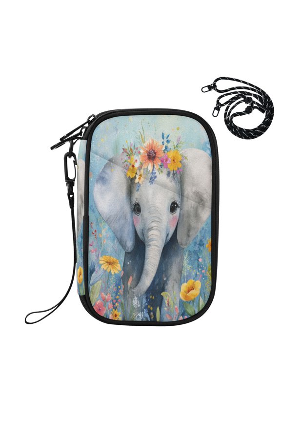 RFID Blocking Travel Passport Wallet Elephant Wearing Colorful Flowers Water Resistant Document Organizer, Multi Pockets Anti-Theft Card Holder with Detachable Strap for Travel Vacation