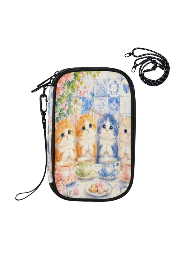 RFID Blocking Travel Passport Wallet Four Fluffy Cat Tea Lovers Water Resistant Document Organizer, Multi Pockets Anti-Theft Card Holder with Detachable Strap for Travel Vacation
