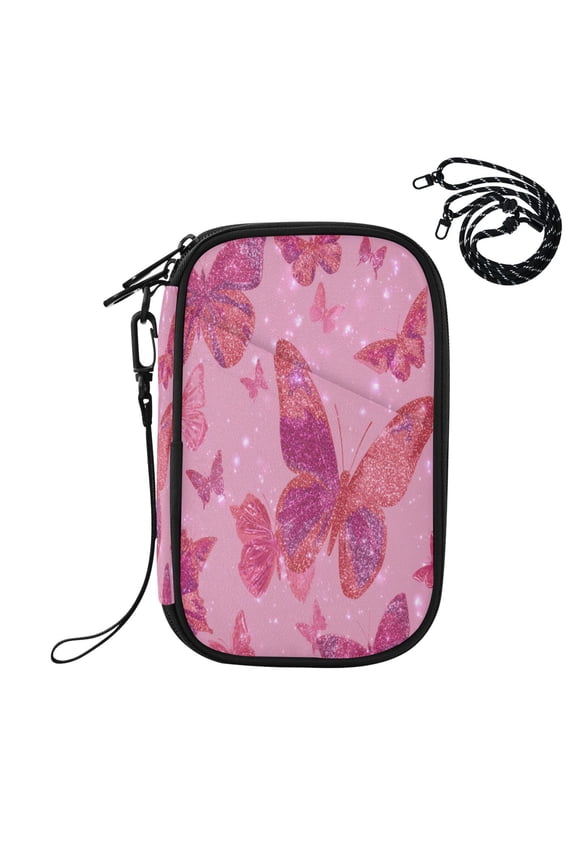 RFID Blocking Travel Passport Wallet Glittering Sequin Butterfly Water Resistant Document Organizer, Multi Pockets Anti-Theft Card Holder with Detachable Strap for Travel Vacation