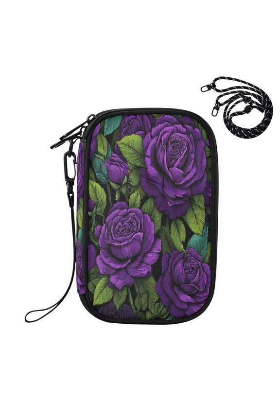 RFID Blocking Travel Passport Wallet Gothic Dark Purple Rose Print Water Resistant Document Organizer, Multi Pockets Anti-Theft Card Holder with Detachable Strap for Travel Vacation