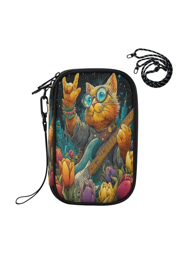RFID Blocking Travel Passport Wallet Guitar Playing Cat Water Resistant Document Organizer, Multi Pockets Anti-Theft Card Holder with Detachable Strap for Travel Vacation