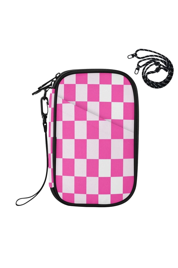 RFID Blocking Travel Passport Wallet Hot Pink Checkered Pattern Water Resistant Document Organizer, Multi Pockets Anti-Theft Card Holder with Detachable Strap for Travel Vacation