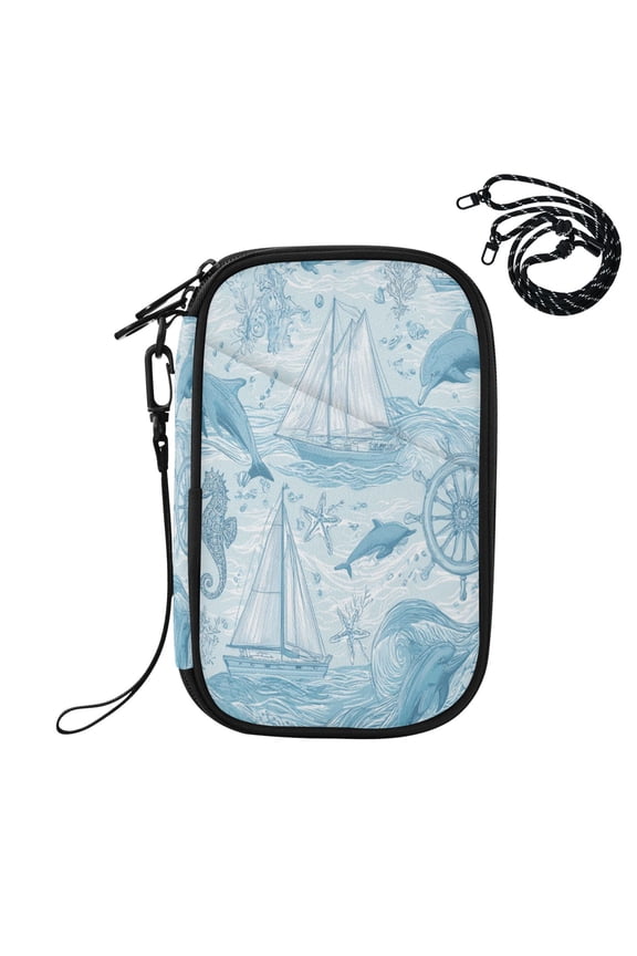 RFID Blocking Travel Passport Wallet Light Blue Dolphins Nautical Pattern Water Resistant Document Organizer, Multi Pockets Anti-Theft Card Holder with Detachable Strap for Travel Vacation