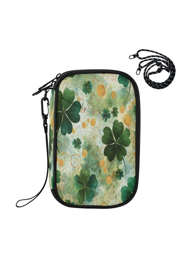 RFID Blocking Travel Passport Wallet Lucky Clover Coin Pattern Water Resistant Document Organizer, Multi Pockets Anti-Theft Card Holder with Detachable Strap for Travel Vacation