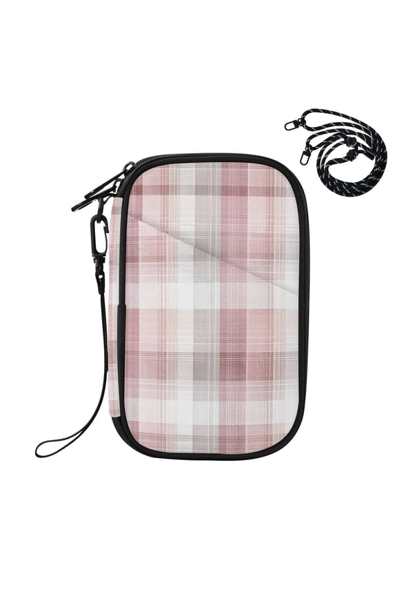 RFID Blocking Travel Passport Wallet Magenta Checkered Pattern Water Resistant Document Organizer, Multi Pockets Anti-Theft Card Holder with Detachable Strap for Travel Vacation