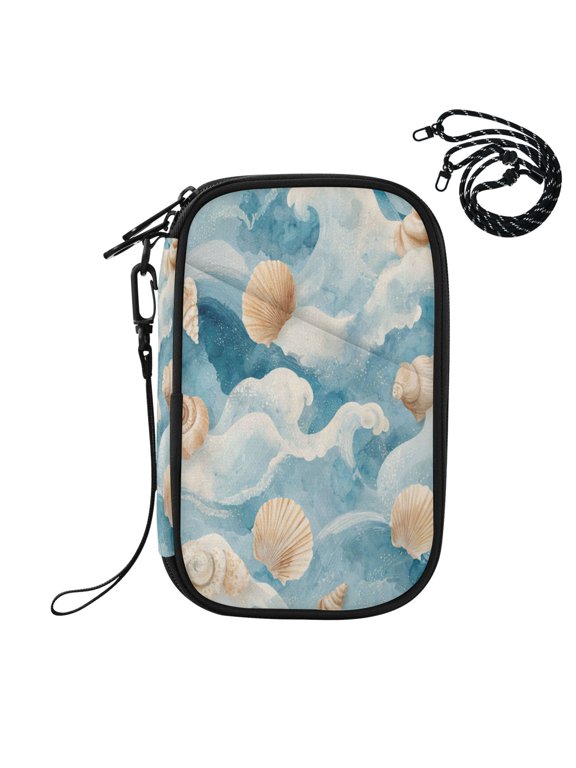 RFID Blocking Travel Passport Wallet Moody Coastal Beach Wave Design Water Resistant Document Organizer, Multi Pockets Anti-Theft Card Holder with Detachable Strap for Travel Vacation