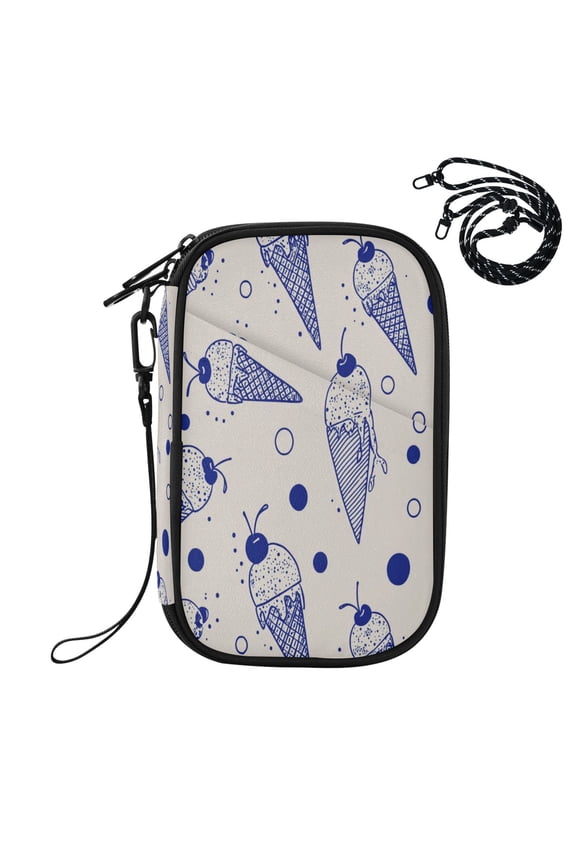 RFID Blocking Travel Passport Wallet Navy Ice Cream Sketch Print Water Resistant Document Organizer, Multi Pockets Anti-Theft Card Holder with Detachable Strap for Travel Vacation