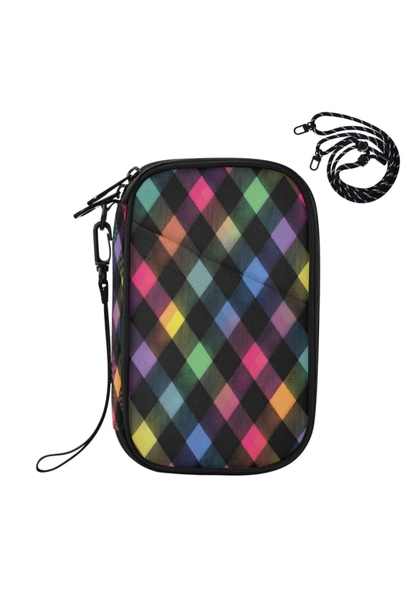 RFID Blocking Travel Passport Wallet Neon Rainbow Checkered Pattern Water Resistant Document Organizer, Multi Pockets Anti-Theft Card Holder with Detachable Strap for Travel Vacation