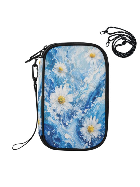 RFID Blocking Travel Passport Wallet Ocean Wave Daisy Floral Water Resistant Document Organizer, Multi Pockets Anti-Theft Card Holder with Detachable Strap for Travel Vacation