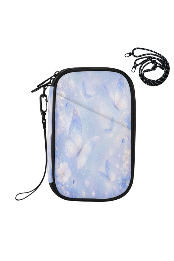 RFID Blocking Travel Passport Wallet Pastel Blue Butterfly Magic Water Resistant Document Organizer, Multi Pockets Anti-Theft Card Holder with Detachable Strap for Travel Vacation