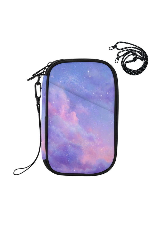 RFID Blocking Travel Passport Wallet Purple Pink Twilight Galaxy Water Resistant Document Organizer, Multi Pockets Anti-Theft Card Holder with Detachable Strap for Travel Vacation