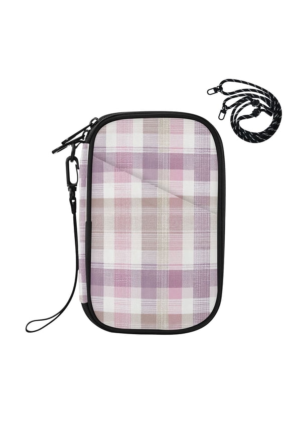 RFID Blocking Travel Passport Wallet Purple-pink Checkered Pattern Water Resistant Document Organizer, Multi Pockets Anti-Theft Card Holder with Detachable Strap for Travel Vacation