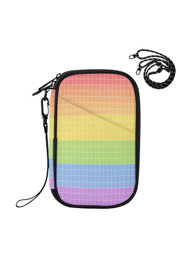 RFID Blocking Travel Passport Wallet Rainbow Grid Seamless Pattern Water Resistant Document Organizer, Multi Pockets Anti-Theft Card Holder with Detachable Strap for Travel Vacation