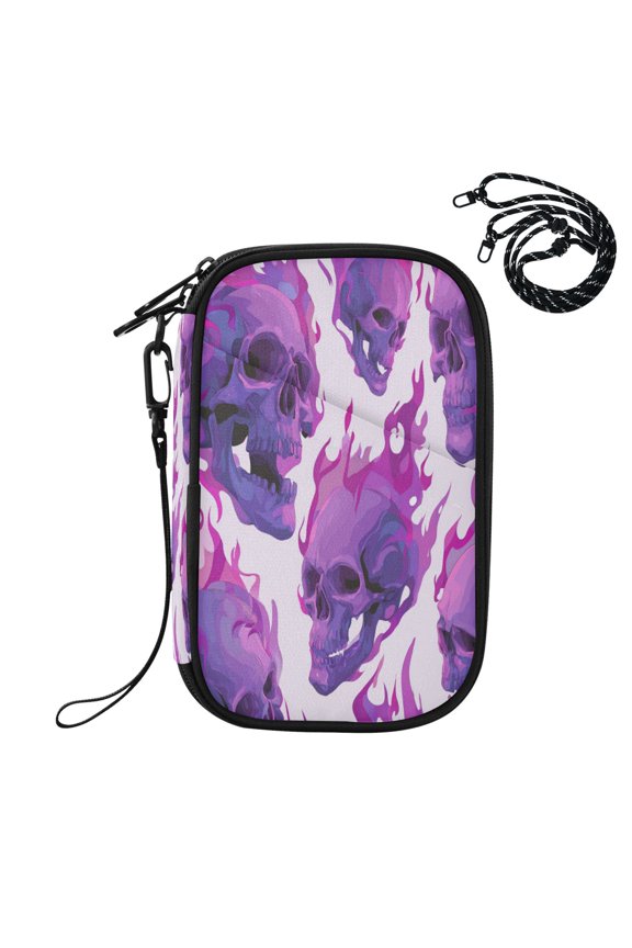 RFID Blocking Travel Passport Wallet Skulls with Purple Flames Water Resistant Document Organizer, Multi Pockets Anti-Theft Card Holder with Detachable Strap for Travel Vacation