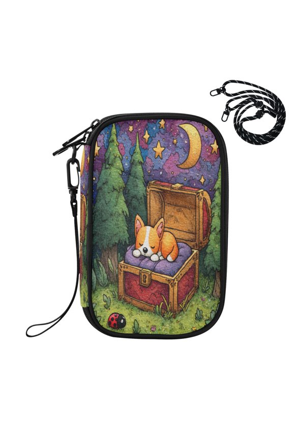 RFID Blocking Travel Passport Wallet Sleeping Corgi in A Treasure Chest Water Resistant Document Organizer, Multi Pockets Anti-Theft Card Holder with Detachable Strap for Travel Vacation