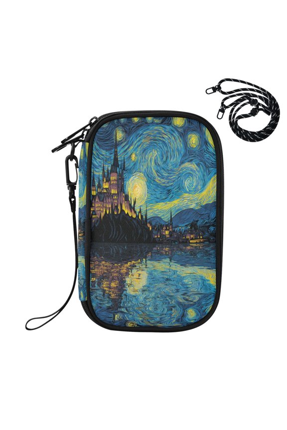 RFID Blocking Travel Passport Wallet Starry Night Style Castle Lake Water Resistant Document Organizer, Multi Pockets Anti-Theft Card Holder with Detachable Strap for Travel Vacation