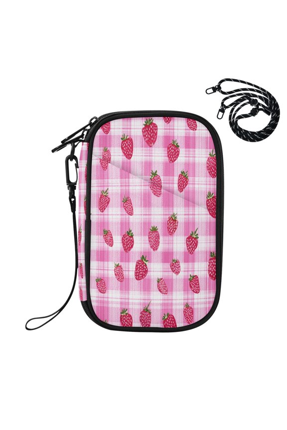 RFID Blocking Travel Passport Wallet Summer Strawberry Gingham Pattern Water Resistant Document Organizer, Multi Pockets Anti-Theft Card Holder with Detachable Strap for Travel Vacation