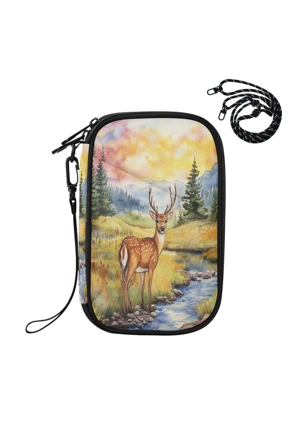 RFID Blocking Travel Passport Wallet Sunset Mountain Stream Deer Water Resistant Document Organizer, Multi Pockets Anti-Theft Card Holder with Detachable Strap for Travel Vacation