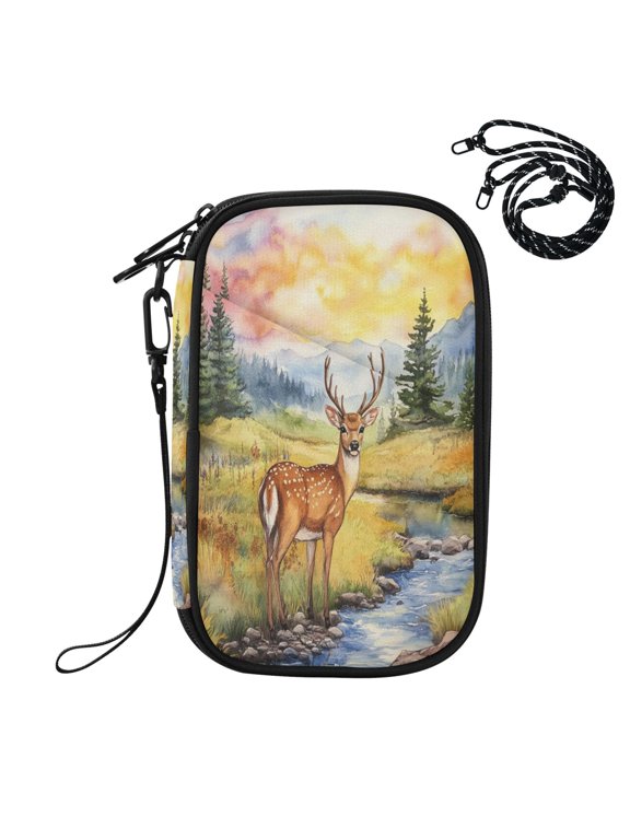 RFID Blocking Travel Passport Wallet Sunset Mountain Stream Deer Water Resistant Document Organizer, Multi Pockets Anti-Theft Card Holder with Detachable Strap for Travel Vacation